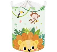 Grand lion vert de la jungle Panier à linge pour enfants - 45L, Pliable avec poignée, Singe oiseau Panier de rangement pour jouets avec couvercle pour la chambre d'enfant