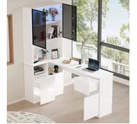 Grand meuble de bureau forme L 120x80x180 cm d'angle, vitrine LED, 3 tiroirs, 2 portes et espaces ouverts pour bibliothèque