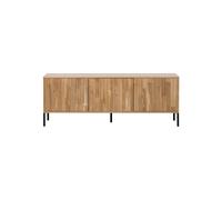 Grand meuble TV en bois de chêne beige, 3 portes, avec rangement, pieds métal noir - Woood, New - 150x44x56 cm