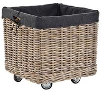 Grand Panier à Bois Avec Poignées et Roulettes en Rotin Naturel Gris - Rangement en Bois Avec Roues - Panier à Bûches de Cheminée Multi-Usages Avec Coutil (Carré Petit)