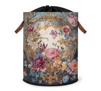 Grand panier à linge pliable avec couvercle à cordon de serrage - Motif floral et papillon