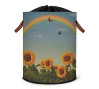 Grand panier à linge pliable avec couvercle à cordon de serrage pour chambre à coucher, salle de bain, motif tournesol et papillon arc-en-ciel