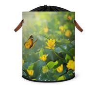 Grand panier à linge pliable en tissu avec couvercle à cordon de serrage Motif papillon et fleurs