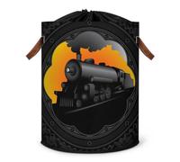 Grand panier à linge pliable en tissu avec couvercle à cordon de serrage Motif train à vapeur