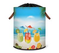Grand panier à linge pliable pour cocktails d'été, fruits, fruits tropicaux, panier de rangement avec couvercle à cordon de serrage pour chambre à coucher, salle de bain