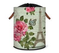 Grand panier à linge rétro Paris Panier de rangement pour cartes postales Panier à linge pliable Panier à linge Panier de rangement en tissu avec couvercle à cordon de serrage