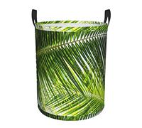 Grand panier à linge rond pliable avec poignée, motif feuilles de palmier vertes
