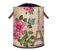 Grand panier à linge vintage Paris - Panier de rangement pliable pour cartes postales - Panier à linge en tissu avec couvercle à cordon de serrage