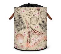 Grand panier à linge vintage sur le thème de la France Paris - Panier de rangement pliable - Panier de rangement en tissu avec couvercle à cordon de serrage