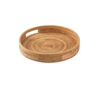 Grand plateau de service rond en rotin tissé avec poignées, organiseur de table naturel, panier décoratif tissé pour collation, pain, boisson, petit déjeuner, bougie (25 cm)