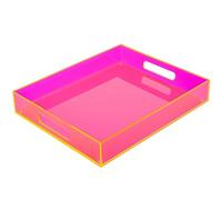 Grand plateau en acrylique ottoman avec poignées 43,2 x 33 cm - Plateau de service décoratif pour nourriture, thé, dîner, collation, bar, fête, rose fluo