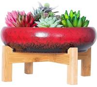 Grand pot Bonsaï avec support - Pot de cactus plat avec grille de drainage 25,4 CM Pot de plantes fleuries en céramique pour intérieur/extérieur (Rouge)