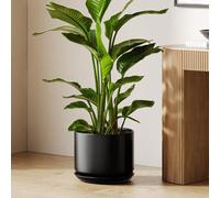 Grand pot en céramique noir, 30 cm, avec soucoupe et trou de drainage