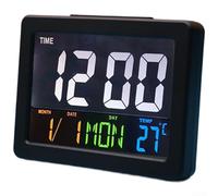 Grand réveil LCD couleur avec affichage de la température, calendrier hebdomadaire, horloge de bureau numérique pour bureau à domicile, double alimentation, plastique ABS, blanc (noir)