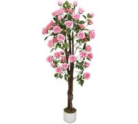 Grand Rosier Artificiel 150cm avec Tiges en Bois et Fleurs Réalistes, Plante en Pot pour Déco Extérieure