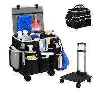 Grand Sac à Produits de Nettoyage à Roulettes Amovible 40x30x32cm, Noir | 600D Organisateur Multi-compartiments avec Chariot Télescopique, Couvercle et Bandoulière pour Ménage, Entretien Polyvalents