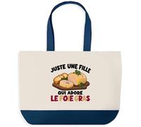 Grand Sac Cabas Fond Bleu Juste une fille qui adore le foie gras | Toile de Coton 170 g/m² 27 L Poche Intérieure Anses 64 cm | Courses Shopping Plage | Cadeau Gourmande Femme Homme Anniversaire Noël