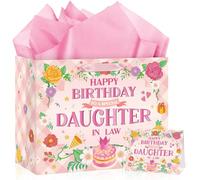 Grand sac cadeau d'anniversaire pour belle-fille avec carte de vœux et papier de soie pour fête d'anniversaire de fils, épouse, anniversaire de mariage