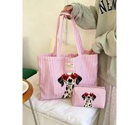 Grand sac fourre-tout réutilisable pour épicerie avec imprimé chien mignon et lunettes de mode, ensemble de sac fourre-tout et trousse de maquillage à imprimé dalmatien rose rayé, sac à bandoulière en