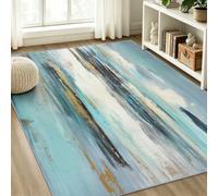 Grand Tapis de Salon Lavable Abstrait, Tapis de Sol Antidérapant Moderne Feuille Rayures Bloc De Couleur pour Entrée Chevet Couloir et Corridor, Bleu Gris Flanelle Antidérapante Tapis, 60 x 110 cm