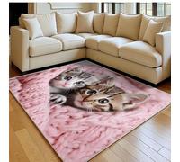 Grand Tapis Salon Chat de Dessin animé 180 x 270 cm Rose Doux Poil Ras Antidérapant Lavable en Machine, Chambre Adulte Intérieur Extérieur Salle à Manger Cuisine