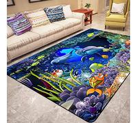 Grand Tapis Salon Dauphin Tortue de Mer Poulpe 3D Océan Tapis Chambre Tapis de Bain Bleu Mer Animaux Tapis Dream Sport Antidérapant Tapis d'évier de Cuisine Lavable (Bleu 1,120 x 160 cm)