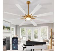 Grand ventilateur de plafond avec éclairage : Ventilateur de plafond pour l'extérieur, 72 pouces, 8 pales, contrôle via une application mobile, grand ventilateur de couleur or et blanc avec éclairage