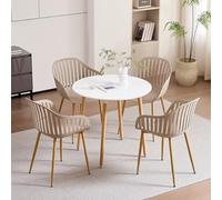 GrandCA HOME 80Cm Ensemble Table Ronde et 4 Chaises,Convient pour la Cuisine, Le Patio, Le Jardin,Le Balcon ou la Salle à Manger (Blanc+Kaki+Pieds de Chaise en métal Couleur Bois