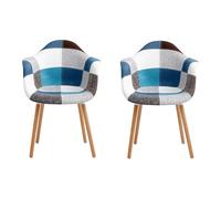GrandCA HOME Chaise de Salle à Manger Lot de 2 Chaises de Cuisine Rembourrées en Tissu Patchwork, Pieds en Bois de Hêtre Massif, Bleu
