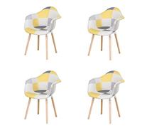 GrandCA HOME Chaise de Salle à Manger Lot de 4 Chaises de Cuisine Rembourrées en Tissu Patchwork, Pieds en Bois de Hêtre Massif, Jaune