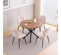 GrandCA HOME Ensemble Table et Chaises à Manger, Table à Manger Ronde de 100 cm et 4 Chaises en Lin Modernes, pour Salle à Manger, Cuisine, Salon, Foncé + Kaki
