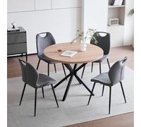 GrandCA HOME Ensemble Table et Chaises de Salle à Manger,Table Ronde de 100cm avec 4 Chaises Rembourrées en Lin,Convient pour la Salle à Manger et la Cuisine(Couleur Naturelle+Gris