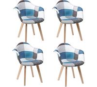 GrandCA HOME Lot de 4 Chaises de Salle à Manger avec Coussin de Siège Doux Patchwork, Fauteuils Chaises de Cuisine avec Pieds en Bois de Hêtre, Bleu