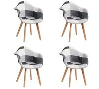 GrandCA HOME Lot de 4 Ffauteuils Patchwork Scandinaves avec Pieds en Bois de Hêtre Massif et Assise en Polyester Rembourré Multicolore, Noir+Blanc