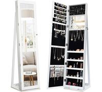 Grande armoire à bijoux verrouillable 2 en 1 avec miroir pleine longueur, support à bijoux sur pied, blanc
