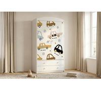 Grande armoire pour enfant blanche avec tiroirs et tringle à vêtements, 88 x 187 cm. Armoire pour enfant moderne à 2 portes, avec des autocollants colorés et des motifs de voitures