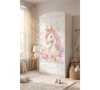 Grande armoire pour enfant blanche avec tiroirs et tringle à vêtements, 88 x 187 cm. Armoire pour enfant moderne à 2 portes, avec des autocollants colorés et une licorne