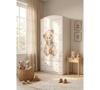 Grande armoire pour enfant blanche avec tiroirs et tringle à vêtements, 88 x 187 cm. Armoire pour enfant moderne à 2 portes, avec des autocollants colorés et un ours en peluche,
