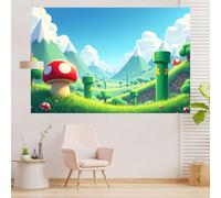 Grande bannière de fête, avec des couleurs vibrantes, des pipes en forme de champignons et un paysage de montagnes, fabriquée en polyester durable, convient pour la décoration murale lors d'anniversai