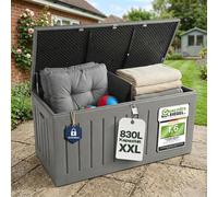 Grande boîte de rangement XXL de 830 litres avec couvercle, verrouillable. Boîte de jardin résistante aux intempéries et banc avec système à ressort à gaz. Boîte de rangement étanche pour coussins et