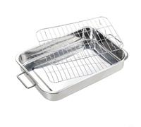 Grande casserole à rôtir en acier inoxydable avec grille de cuisson profonde pour Noël, dinde prête au four, argent (33 x 23 x 5 cm)