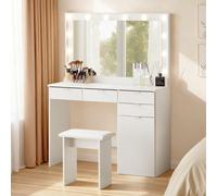 Grande coiffeuse avec éclairage LED, coiffeuse avec miroir, table de toilette avec 4 tiroirs et armoire, coiffeuse avec tabouret pour la chambre Grand miroir de maquillage HD. Cette coiffeuse moderne 