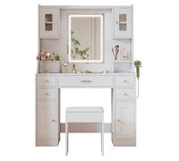 Grande coiffeuse avec éclairage LED réglable et prises électriques, coiffeuse avec miroir, 6 tiroirs et 4 portes, 105 x 152 x 40 cm