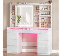Grande Coiffeuse avec éclairage RGB réglable et Plateau en Verre - Coiffeuse avec Grand Miroir, 8 tiroirs et 9 Compartiments, Blanc