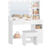Grande coiffeuse avec miroir, 2 prises de courant et 4 tiroirs, de couleur blanche