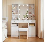 Grande coiffeuse - LANGTU - Style moderne - Éclairage LED 10 ampoules - Miroir 45x60 cm - 3 tiroirs, 2 portes