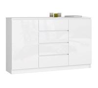 Grande Commode pour le salon AKORD K160 Blanche 160 cm 2 portes 4 tiroirs façade Blanche Brillante 4 étagères 160x40x99 cm