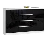 Grande Commode pour le salon AKORD K160 Blanche 160 cm 2 portes 4 tiroirs façade Noir Brillant 4 étagères 160x40x99 cm