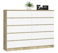 Grande Commode pour le salon AKORD K160 Chêne Artisan 160 cm 10 tiroirs façade Blanche 160x40x121 cm