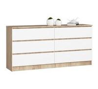 Grande Commode pour le salon AKORD K160 Chêne Sonoma 160 cm 6 tiroirs façade Blanche 160x40x77 cm Chêne Sonoma / Blanc G